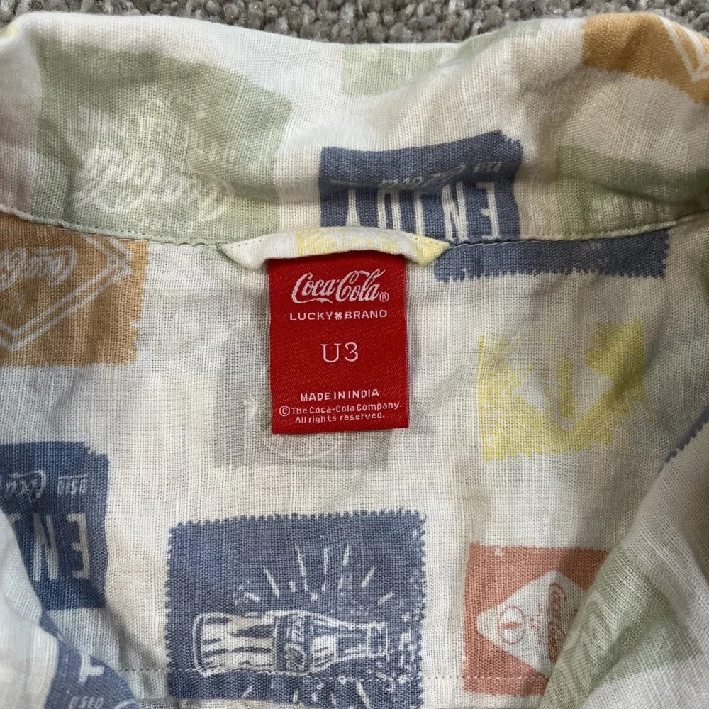 Lucky Brand Coca-Cola Shirt L Linen Button Front Short Sleeve Logo Print Allover - Picture 2 of 9